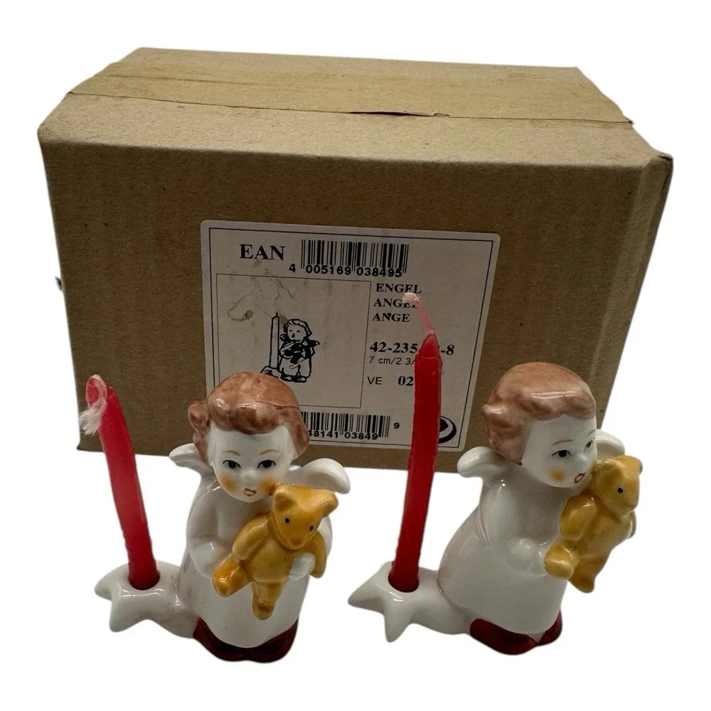 2 Vintage Goebel‎ Christmas Candle Holders Angel w/ Teddy Bear 2.5